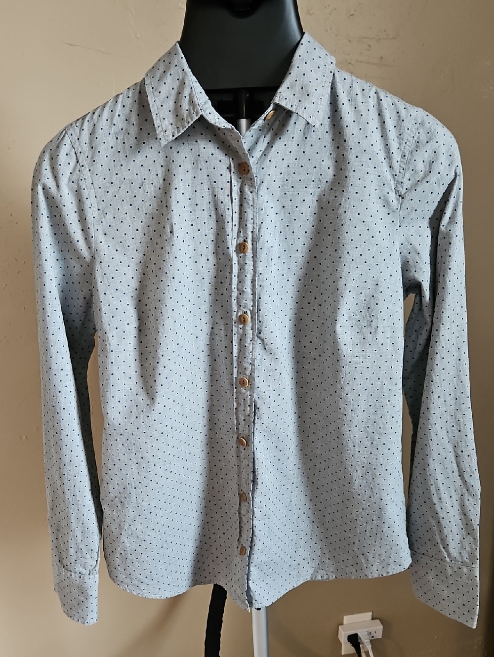 J. Crew Women's Gray Button-Down with Navy Polkadots